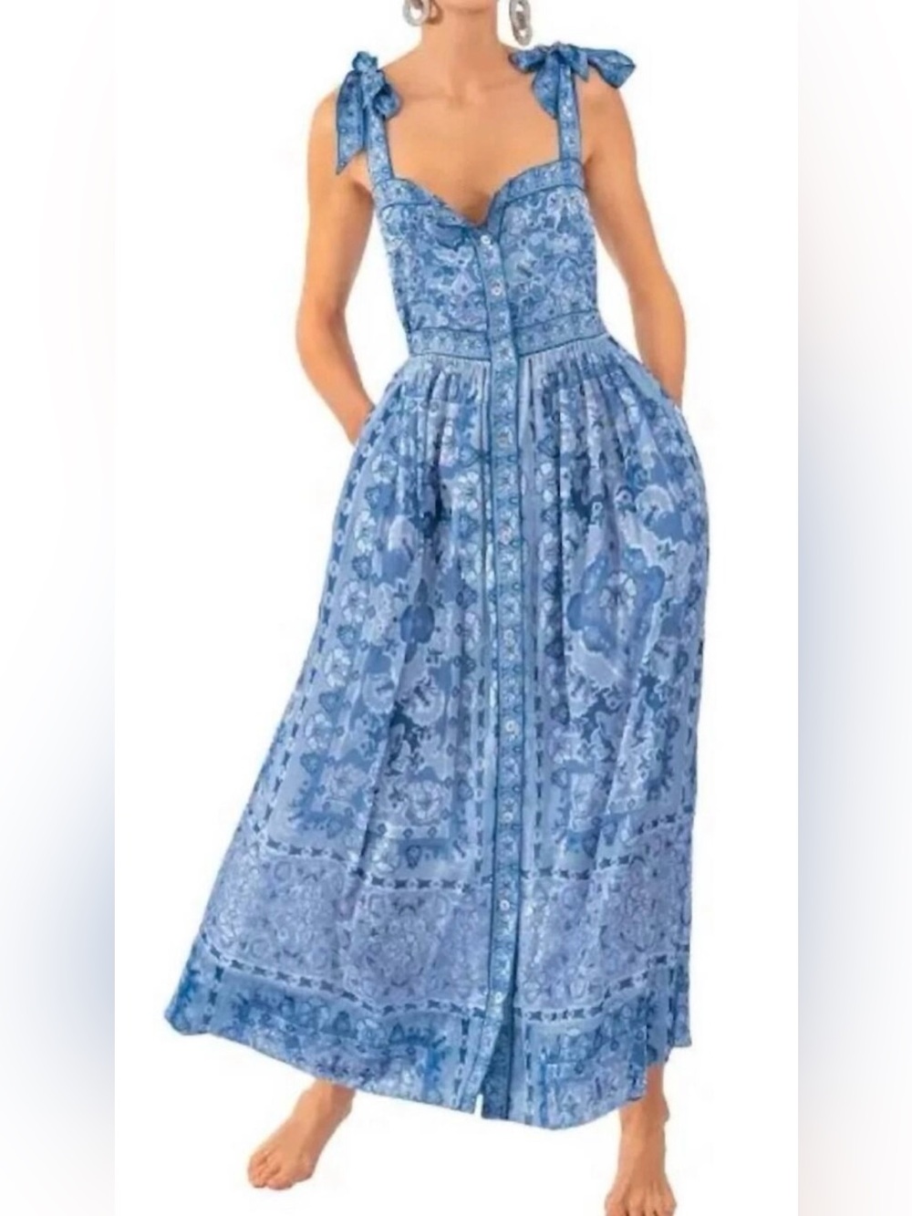 Gretchen Scott Fun in the Sun Maxi Dress Floral Blue Tie Strap M